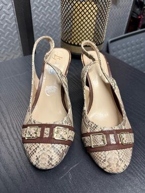 Life Stride Snake-Print Slingback Heels with Brown Trim